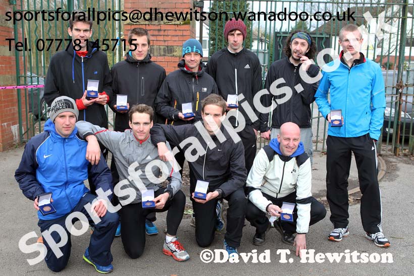 10 of the 12 members of the 3rd placed Morpeth Harriers in the 12 Stage Relay, 2014 Northern 12 and 6 Stage Relays, Heaton Park, Manchester. Photo: David T. Hewitson/Sports for All Pics